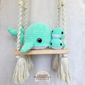 Handmade crochet whale family with one mama whale and two baby whales made with soft plush yarn