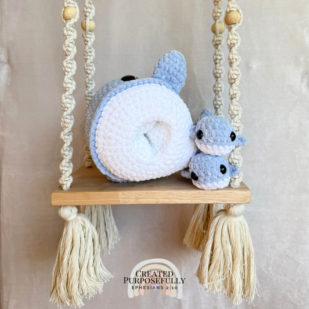 Handmade crochet whale family with one mama whale and two baby whales made with soft plush yarn