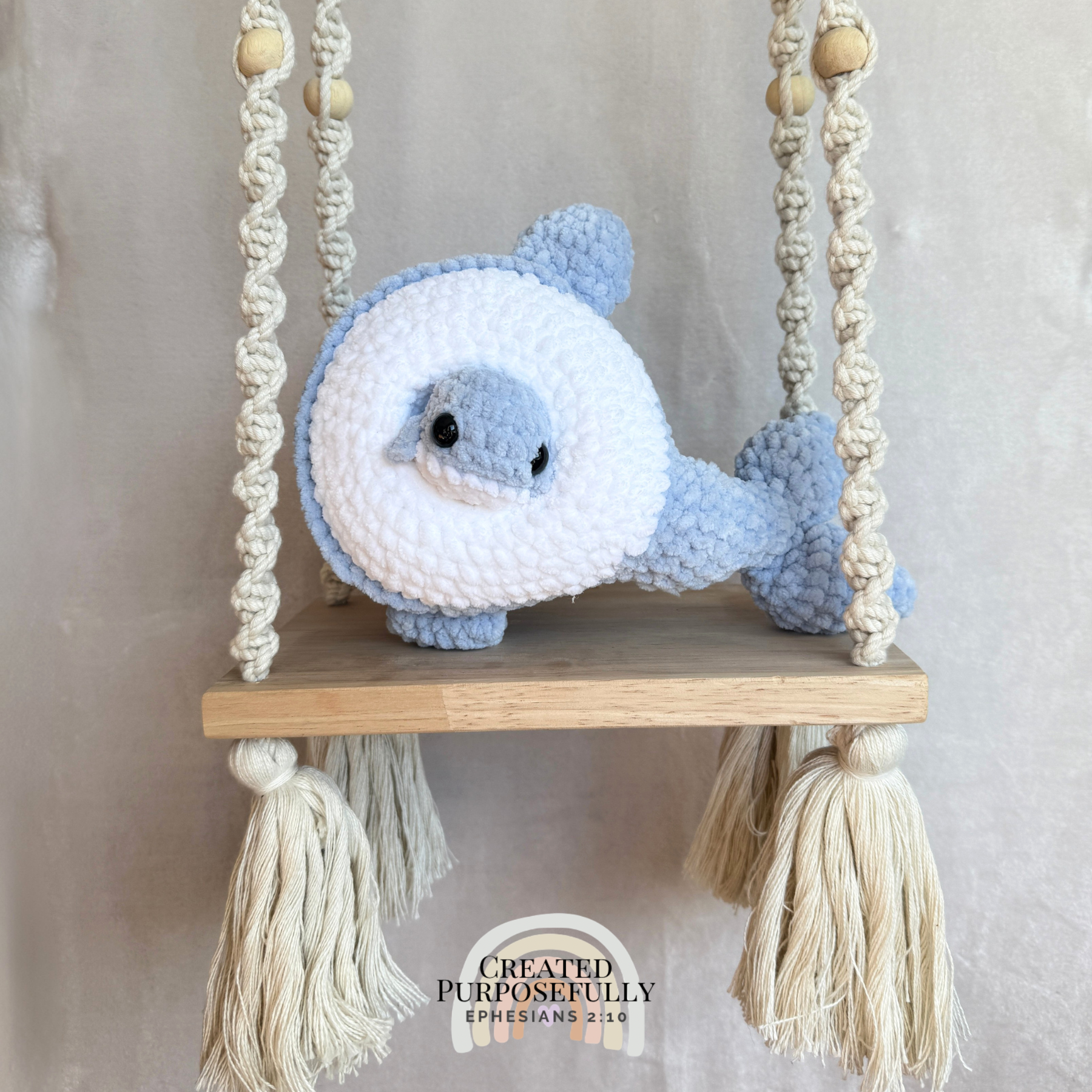 Handmade crochet whale family with one mama whale and two baby whales made with soft plush yarn