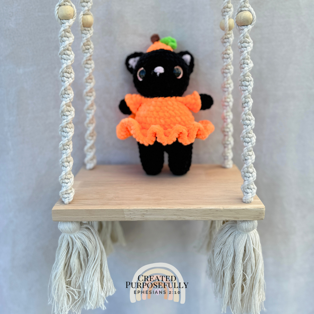 Handmade Halloween Pumpkin Cat crochet plush dressed in a cute witch costume by Created Purposefully