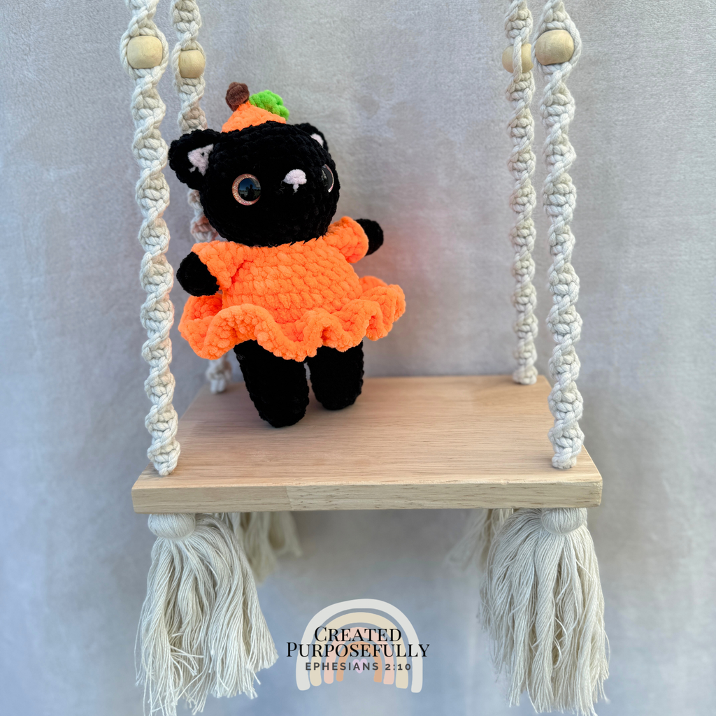Handmade Halloween Pumpkin Cat crochet plush dressed in a cute witch costume by Created Purposefully