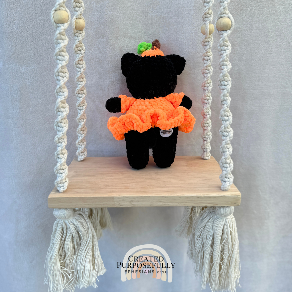 Handmade Halloween Pumpkin Cat crochet plush dressed in a cute witch costume by Created Purposefully