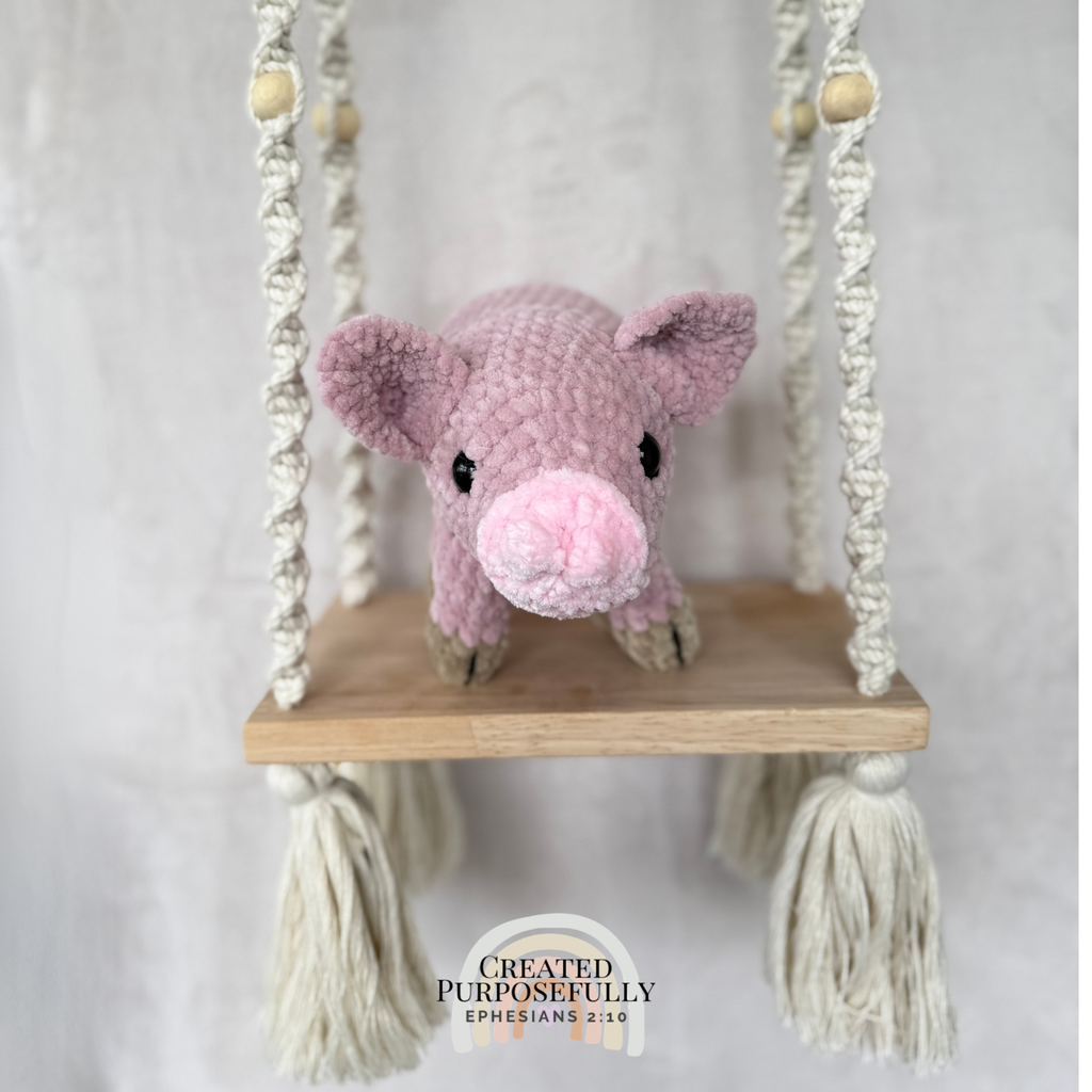 Handmade standing pig crochet plush made with soft plush yarn and adorable handmade details