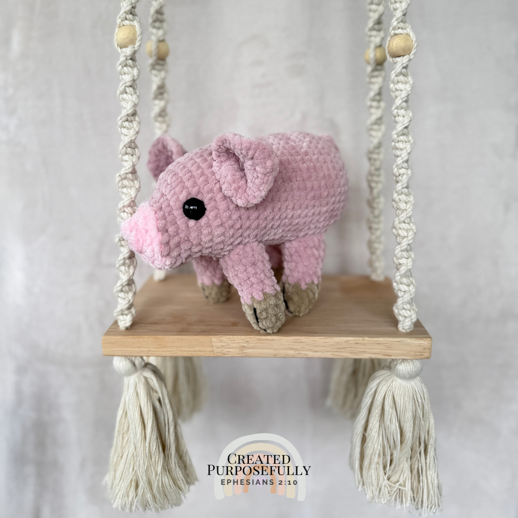 Handmade standing pig crochet plush made with soft plush yarn and adorable handmade details