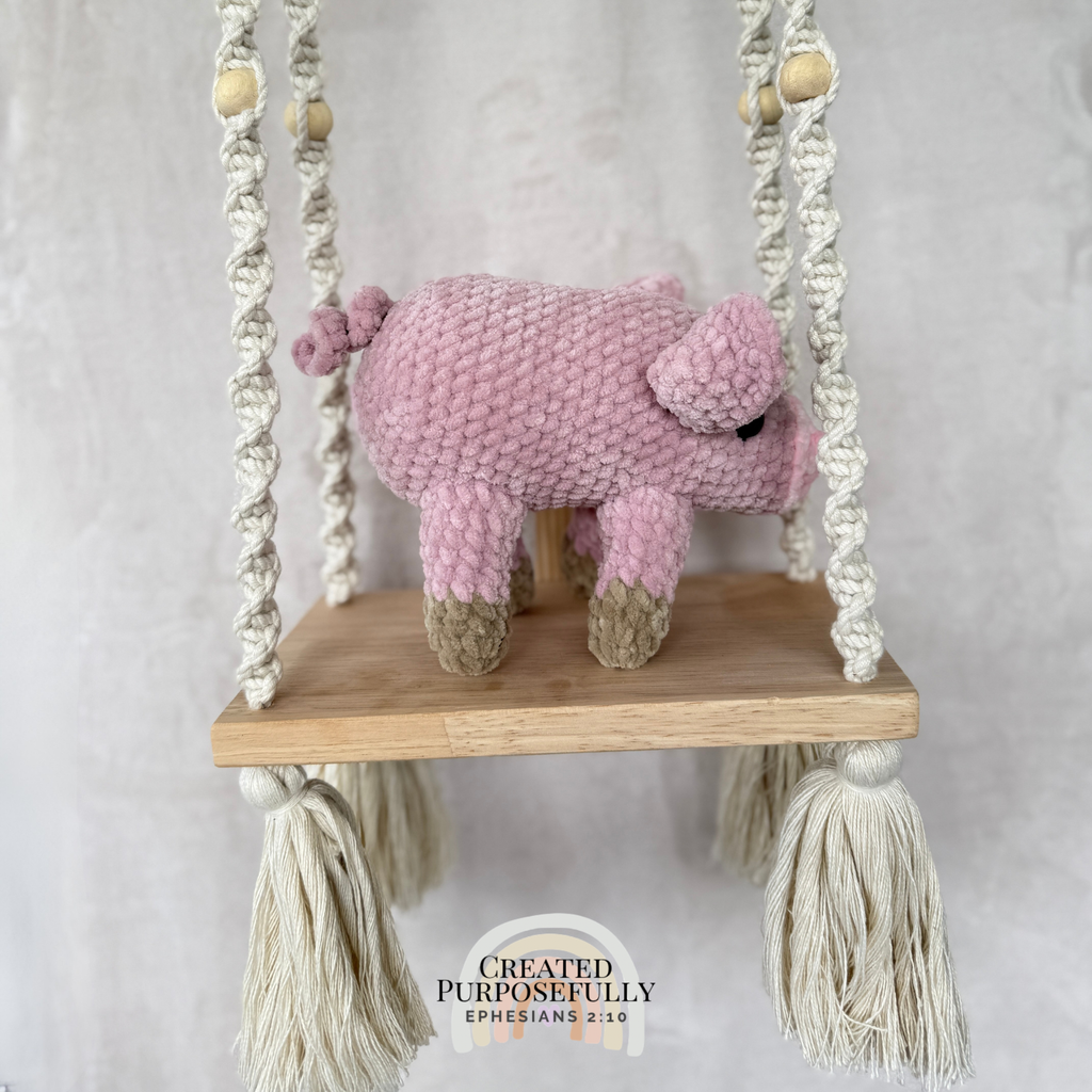 Handmade standing pig crochet plush made with soft plush yarn and adorable handmade details