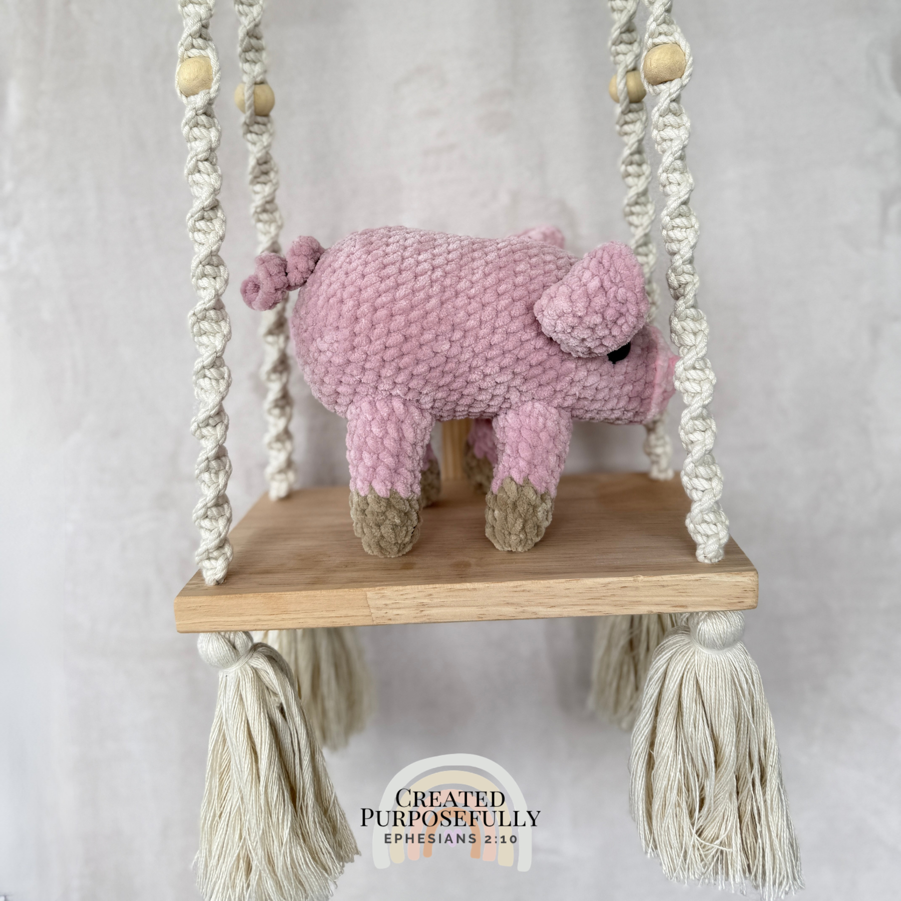 Handmade standing pig crochet plush made with soft plush yarn and adorable handmade details