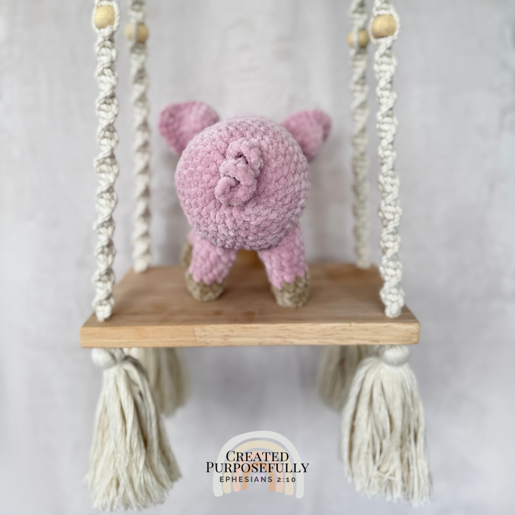 Handmade standing pig crochet plush made with soft plush yarn and adorable handmade details