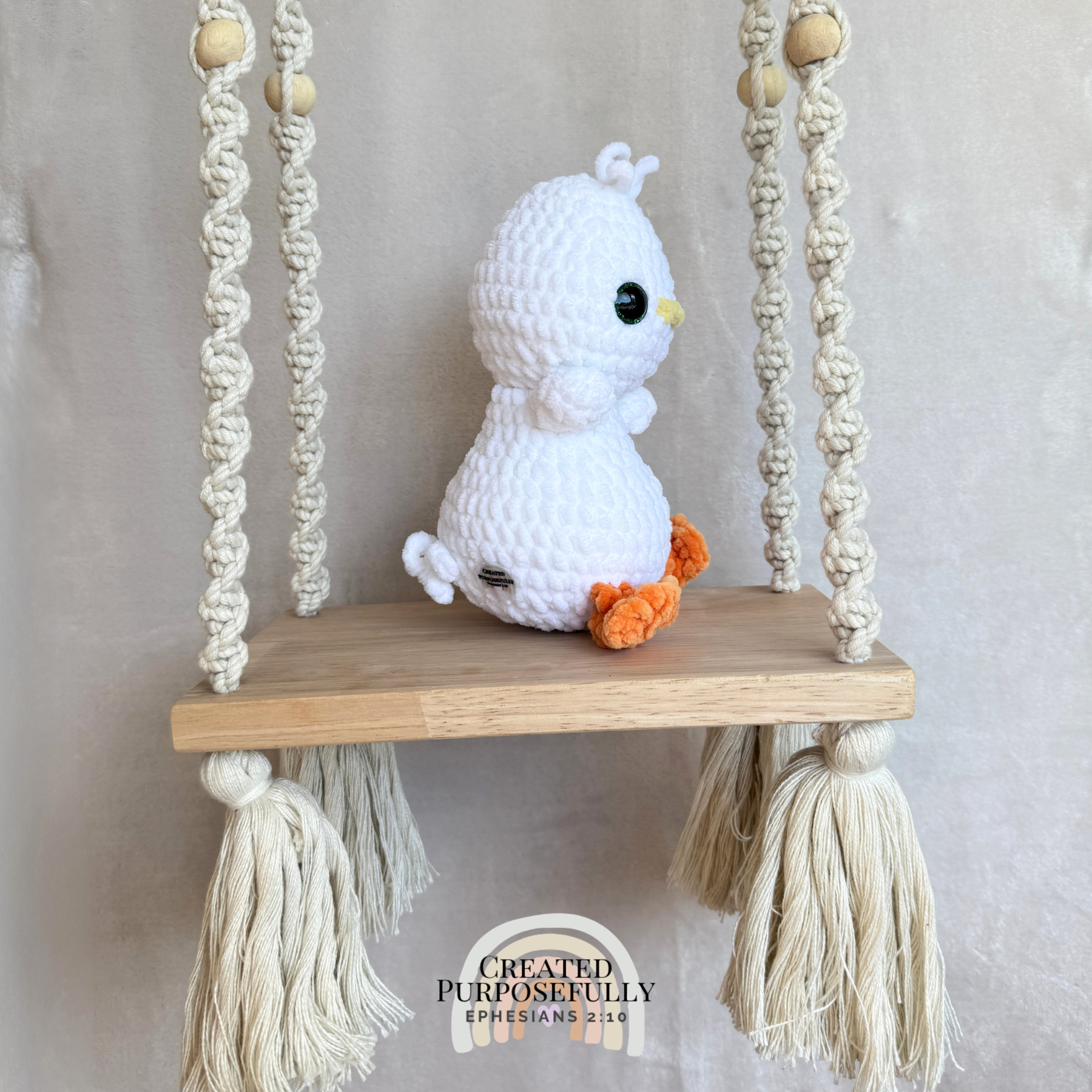 Handmade white crochet duck plush made with soft plush yarn and adorable handmade details
