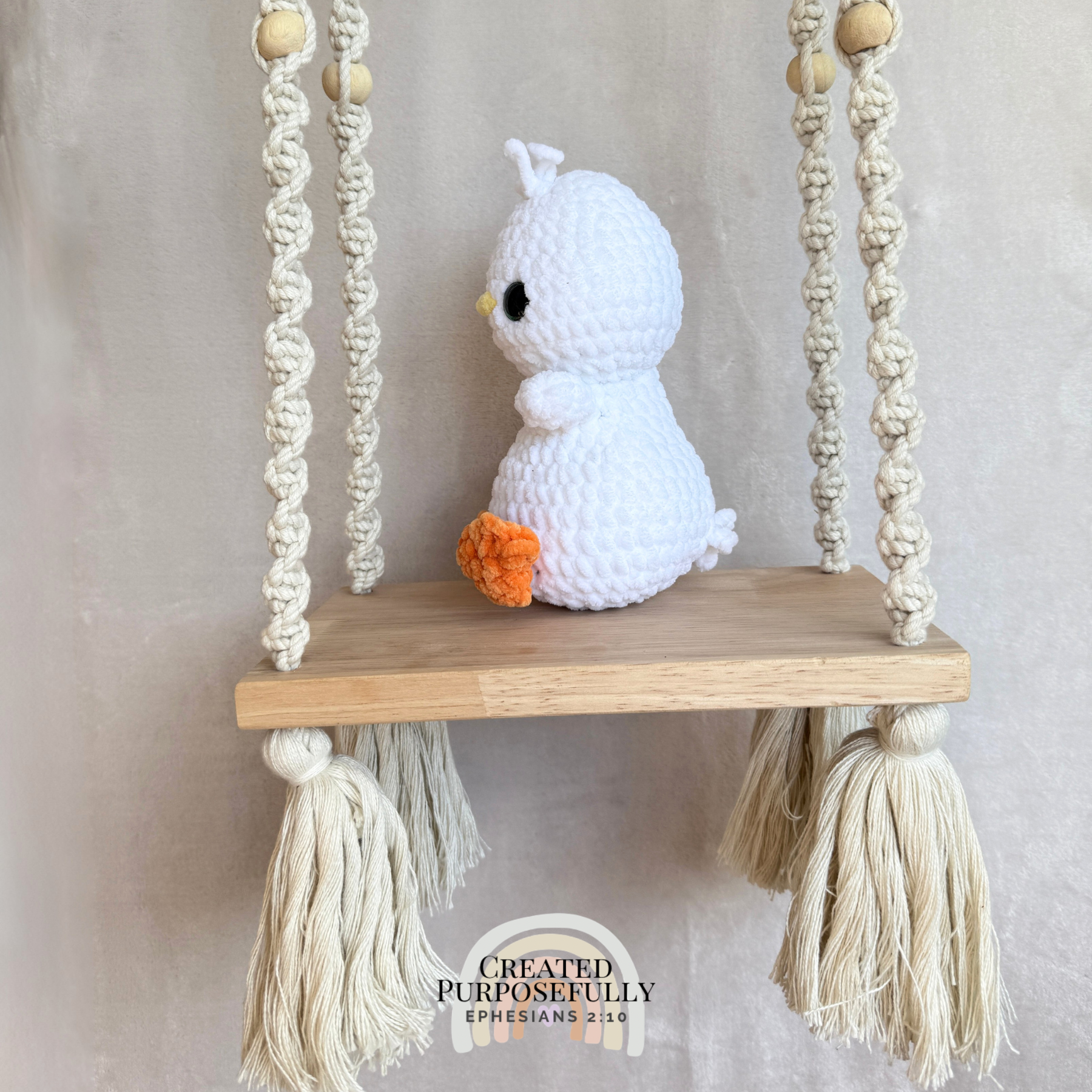 Handmade white crochet duck plush made with soft plush yarn and adorable handmade details