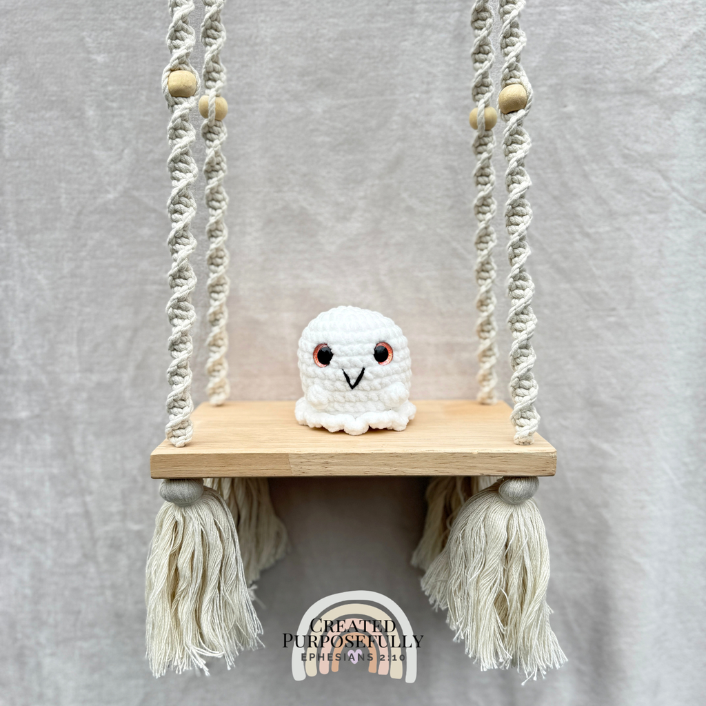 Handmade mini crochet ghost Halloween plushie made with soft cuddly yarn by Created Purposefully
