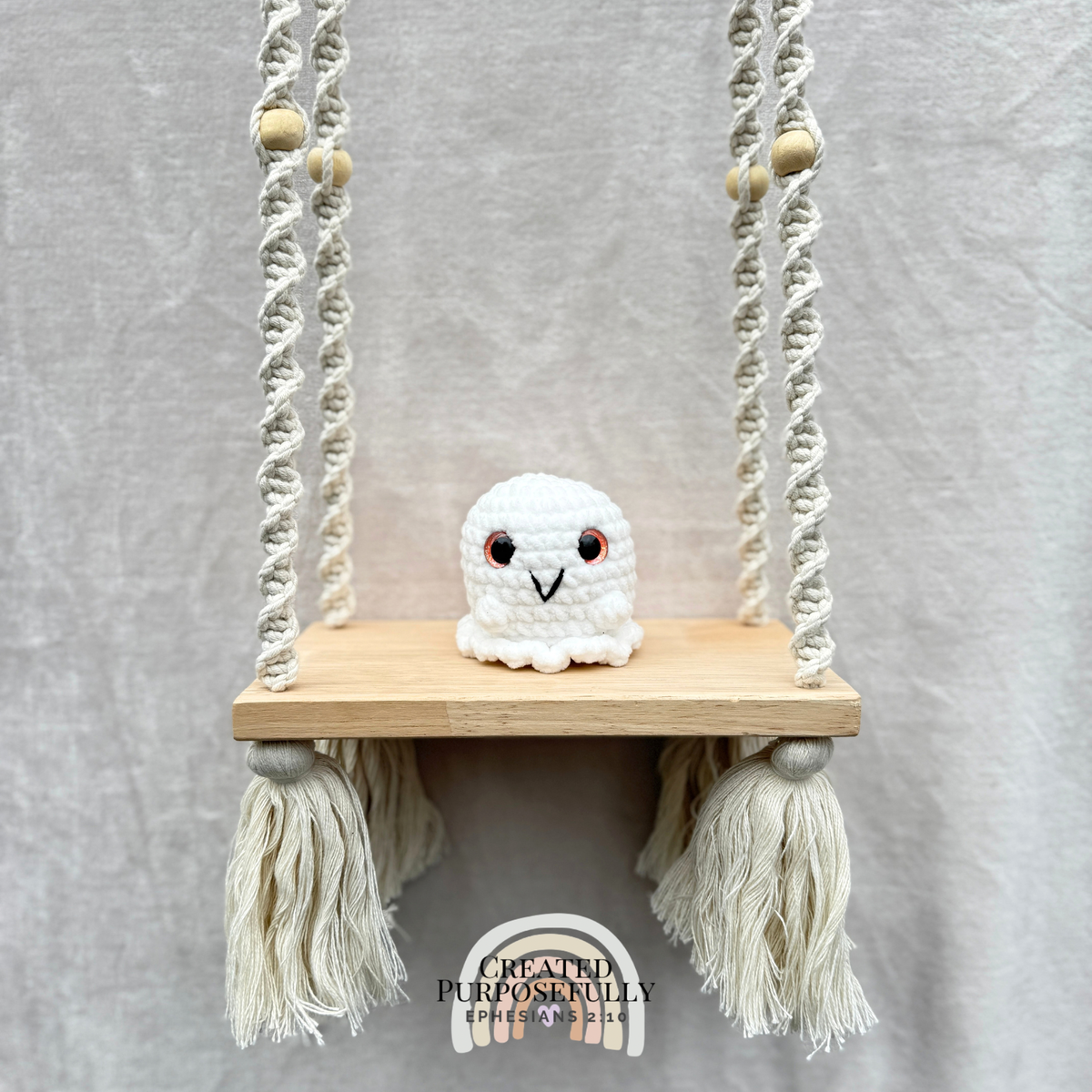 Handmade mini crochet ghost Halloween plushie made with soft cuddly yarn by Created Purposefully