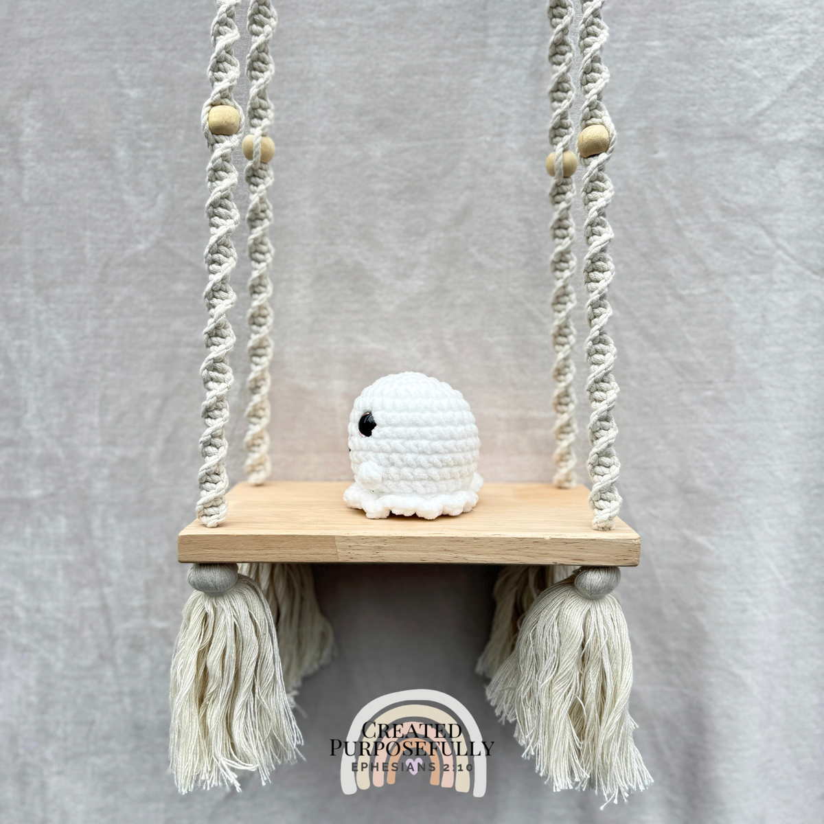 Handmade mini crochet ghost Halloween plushie made with soft cuddly yarn by Created Purposefully