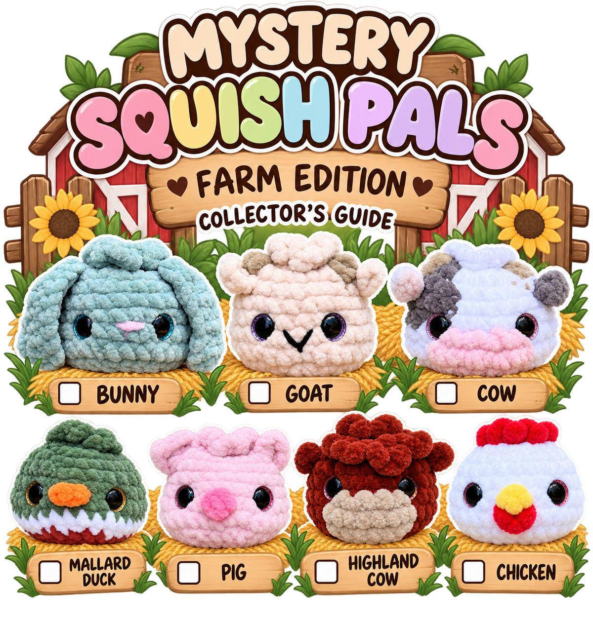 Handmade crochet Mystery Squish Pals Farm Edition surprise plushies featuring mystery farm animals by Created Purposefully.