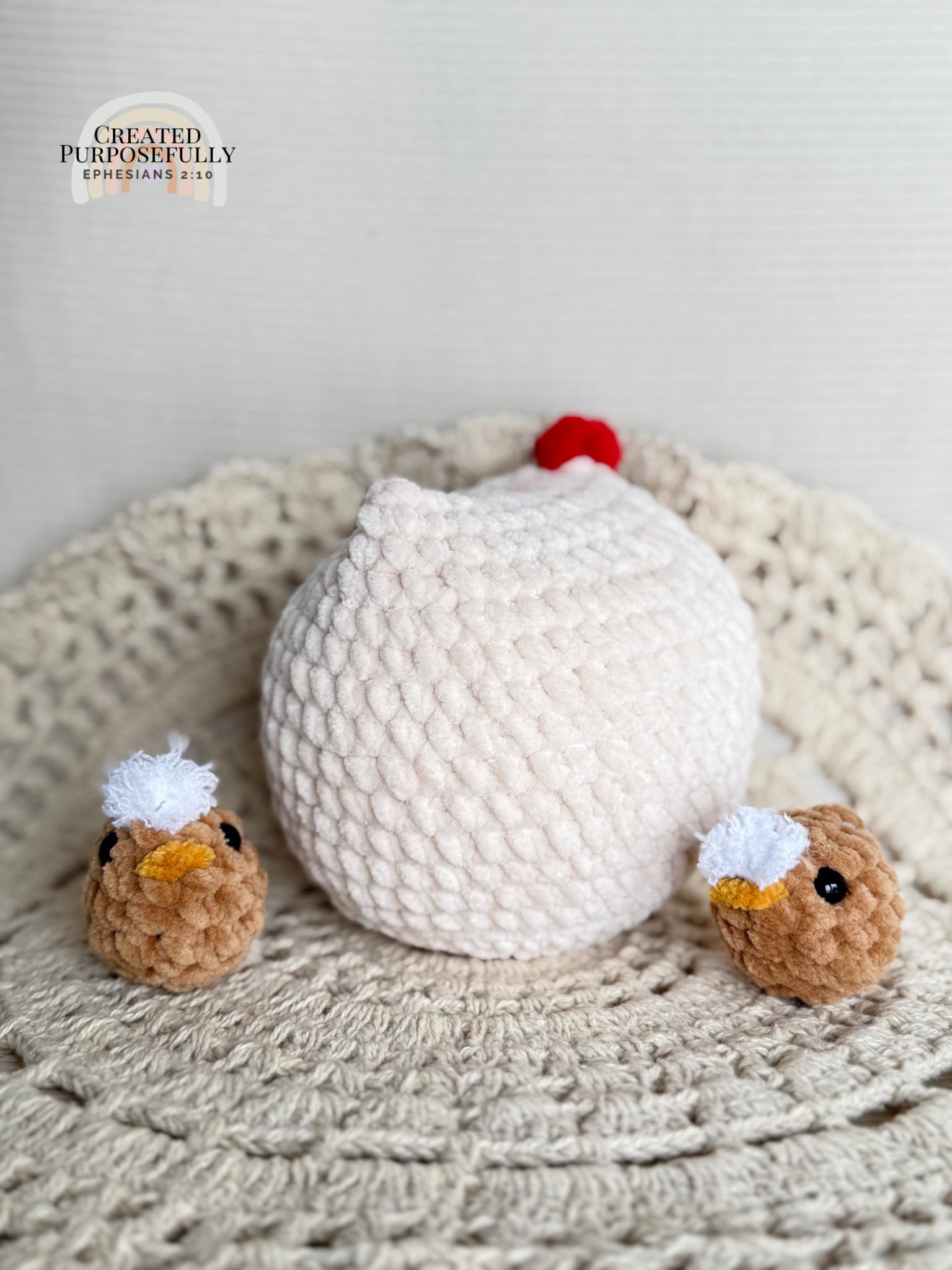 Plush Nesting Chicken Family Crochet Plushie, Stuffed Amigurumi