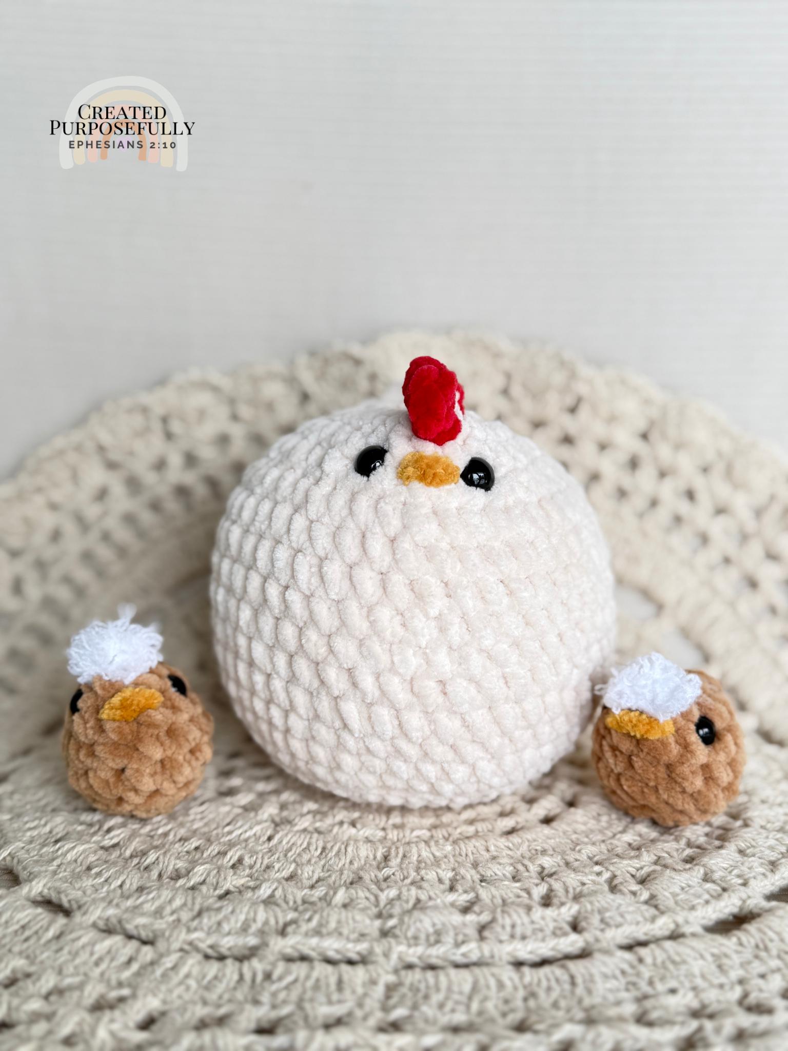 Plush Nesting Chicken Family Crochet Plushie, Stuffed Amigurumi